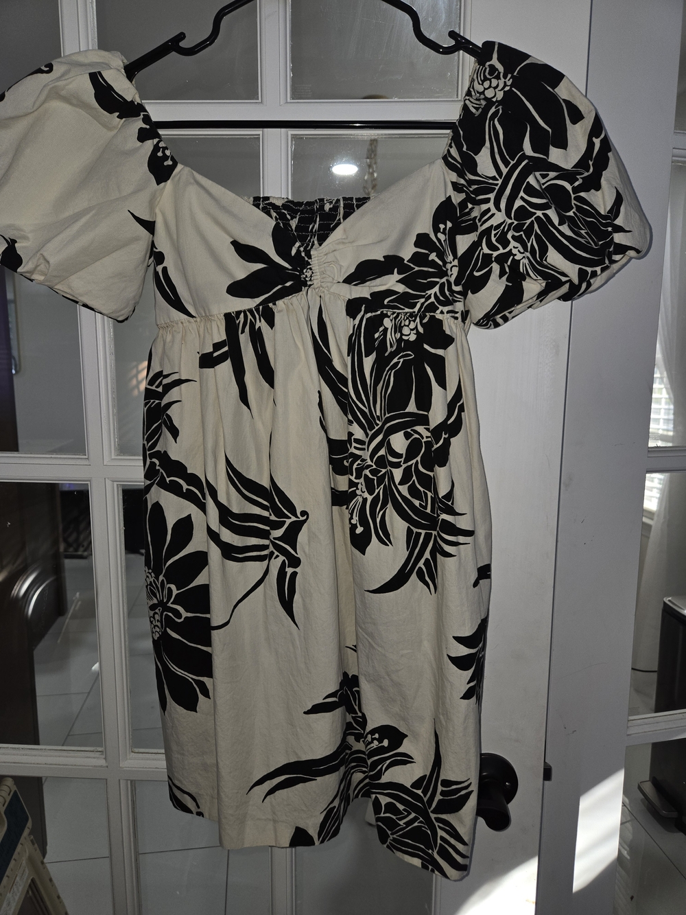 Zara Cream Dress with Black Floral Print and Puff Sleeves